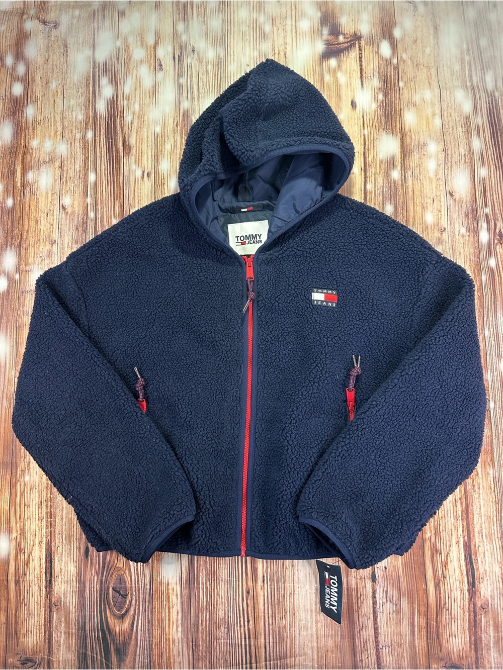 Tommy Jeans Tommy Badge Sherpa Hooded Jacket Navy Size Large Women’s
